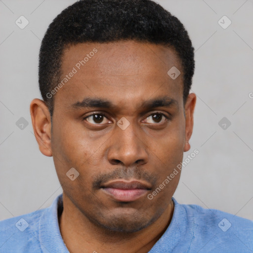 Neutral black young-adult male with short  black hair and brown eyes