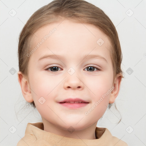 Joyful white child female with medium  brown hair and grey eyes