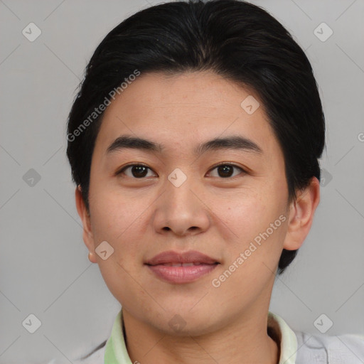 Joyful asian young-adult female with short  brown hair and brown eyes