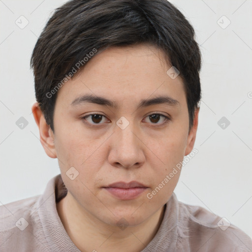 Neutral white young-adult female with short  brown hair and brown eyes