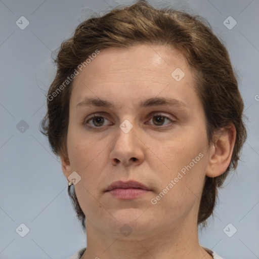 Neutral white adult female with medium  brown hair and brown eyes