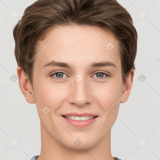 Joyful white young-adult female with short  brown hair and grey eyes