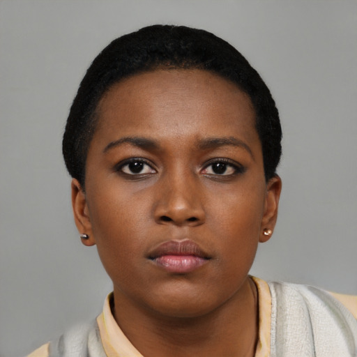 Neutral black young-adult female with short  black hair and brown eyes