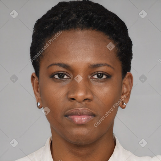 Neutral black young-adult female with short  black hair and brown eyes