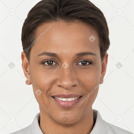 Joyful white young-adult female with short  brown hair and brown eyes