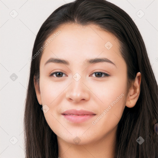 Neutral white young-adult female with long  brown hair and brown eyes