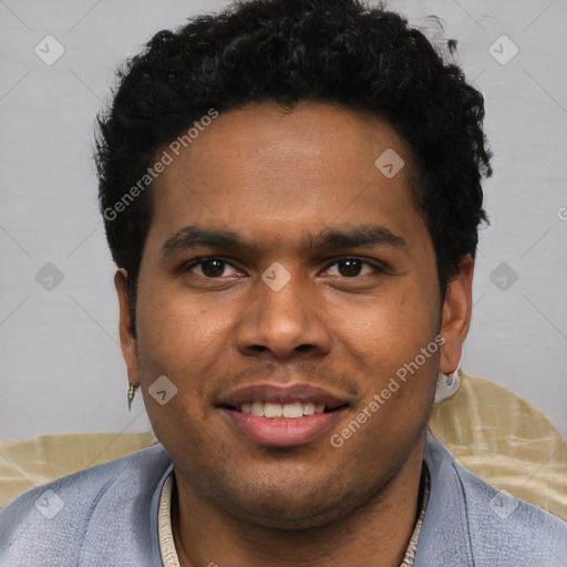 Joyful white young-adult male with short  black hair and brown eyes