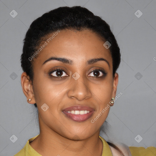 Joyful black young-adult female with short  brown hair and brown eyes