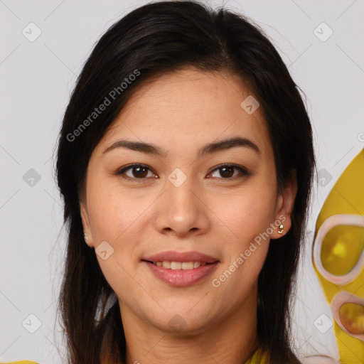 Joyful white young-adult female with medium  brown hair and brown eyes