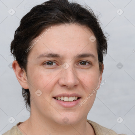 Joyful white young-adult female with short  brown hair and grey eyes