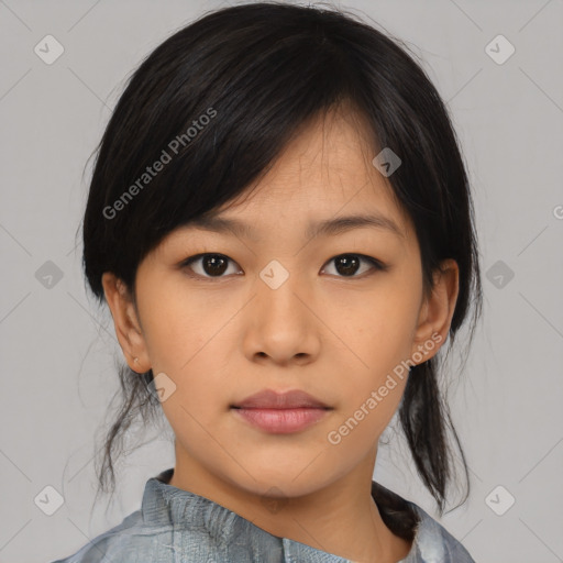 Neutral asian young-adult female with medium  black hair and brown eyes