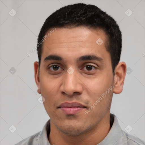 Neutral latino young-adult male with short  black hair and brown eyes