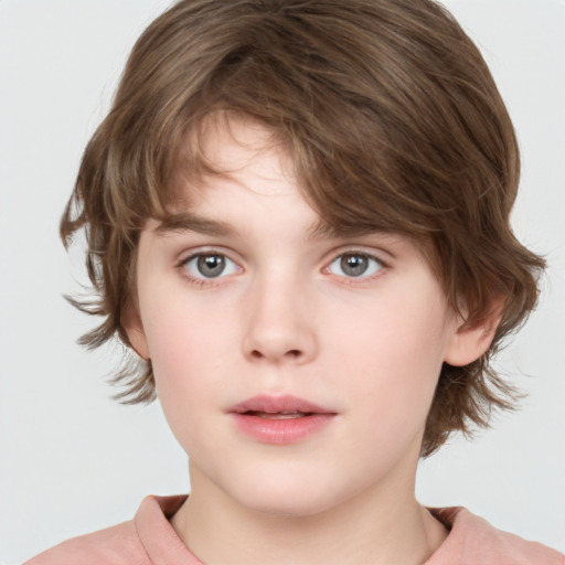 Neutral white child female with medium  brown hair and grey eyes