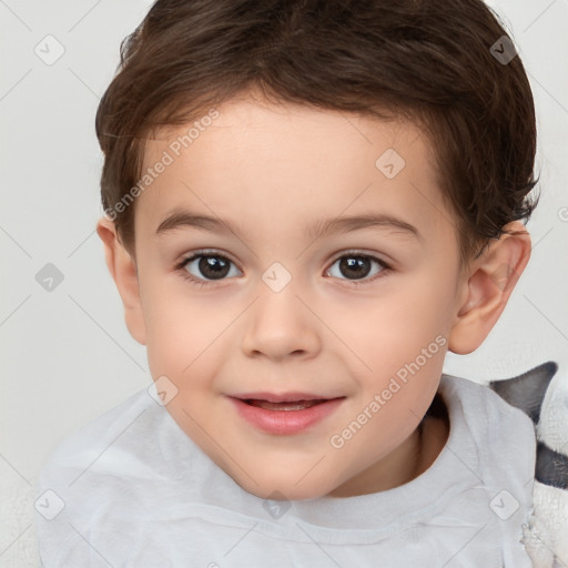 Joyful white child female with short  brown hair and brown eyes