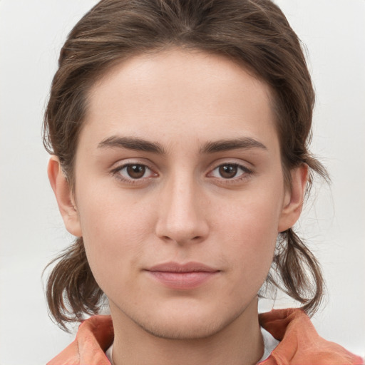 Neutral white young-adult female with medium  brown hair and grey eyes