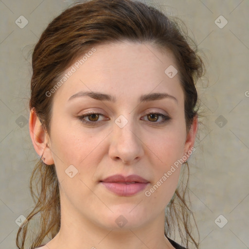 Joyful white young-adult female with medium  brown hair and green eyes