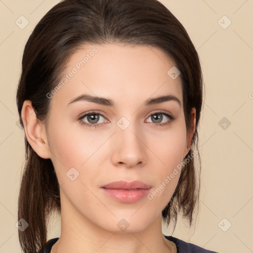 Neutral white young-adult female with medium  brown hair and brown eyes