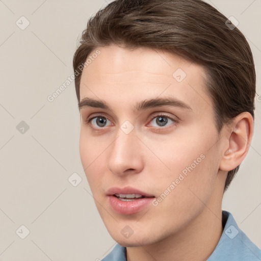 Neutral white young-adult male with short  brown hair and brown eyes