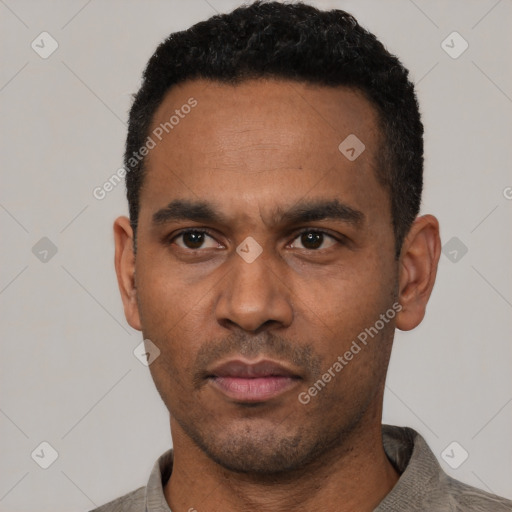 Neutral latino adult male with short  black hair and brown eyes