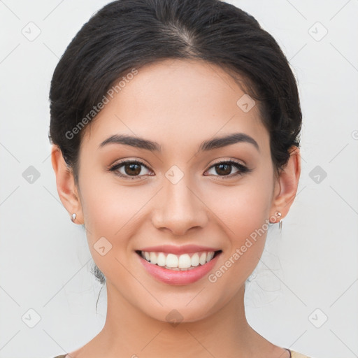 Joyful white young-adult female with medium  brown hair and brown eyes