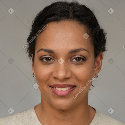 Joyful latino young-adult female with short  brown hair and brown eyes