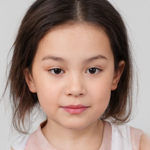 Joyful white child female with medium  brown hair and brown eyes