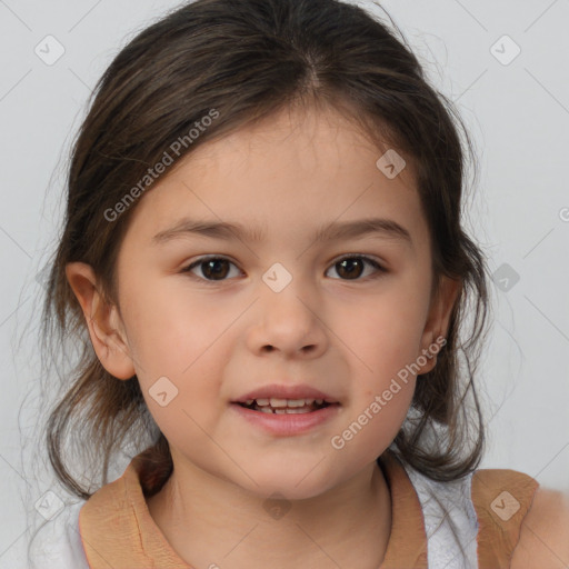 Joyful white child female with medium  brown hair and brown eyes