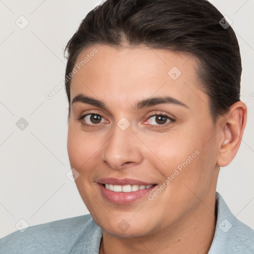 Joyful white young-adult female with short  brown hair and brown eyes