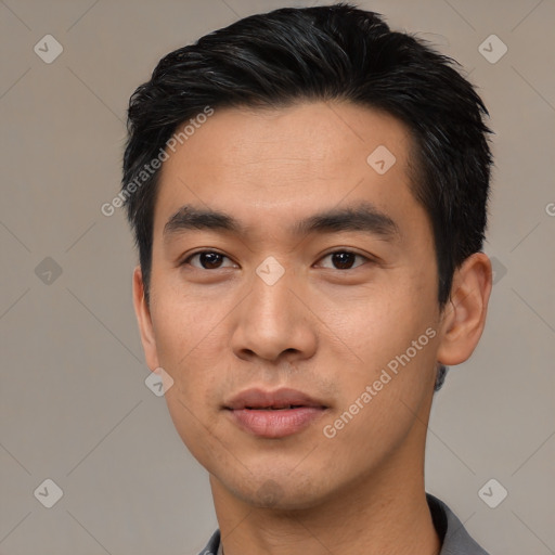 Neutral asian young-adult male with short  black hair and brown eyes