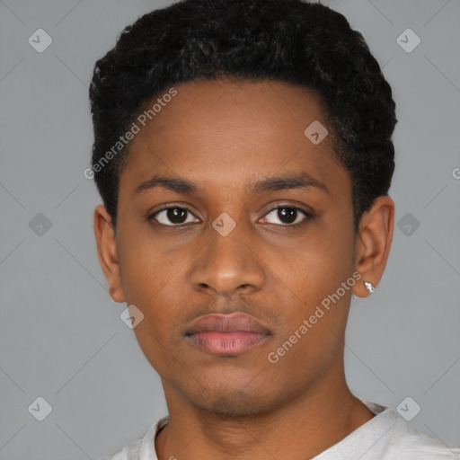 Neutral black young-adult male with short  black hair and brown eyes