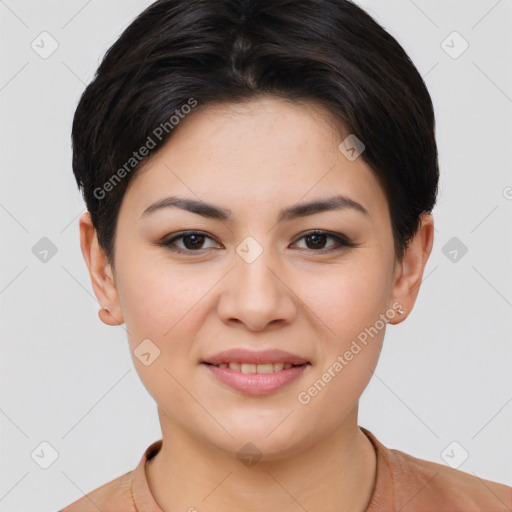 Joyful asian young-adult female with short  brown hair and brown eyes