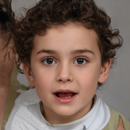 Joyful white child female with short  brown hair and brown eyes