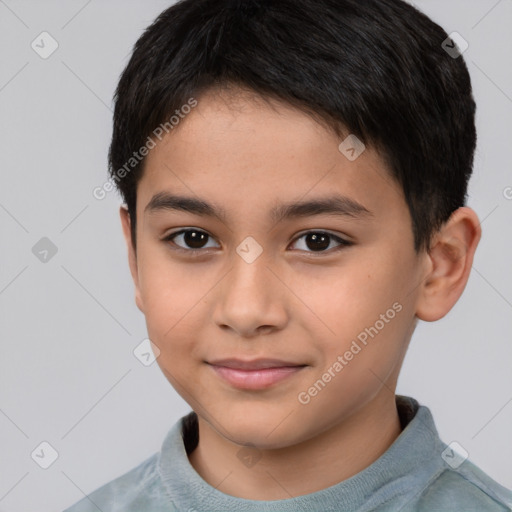 Joyful asian child male with short  brown hair and brown eyes