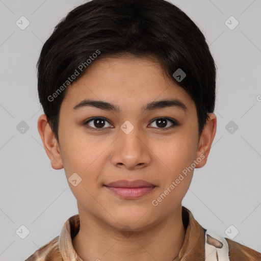 Joyful asian young-adult female with short  brown hair and brown eyes