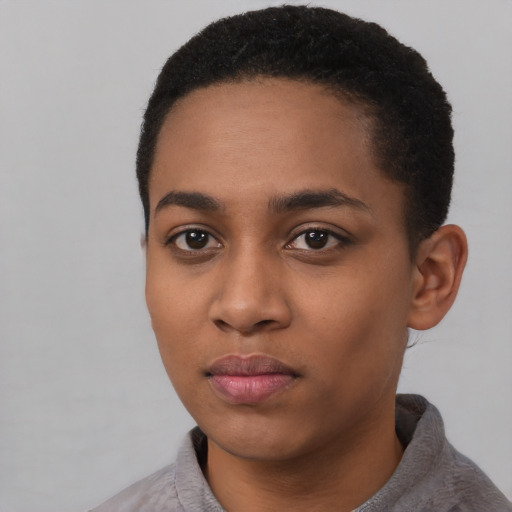 Neutral black young-adult female with short  black hair and brown eyes