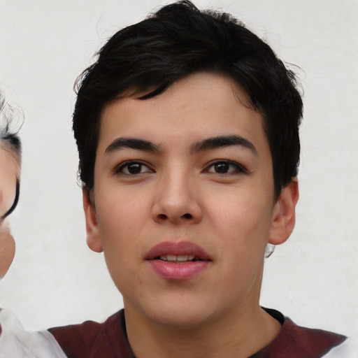 Neutral asian young-adult male with short  black hair and brown eyes