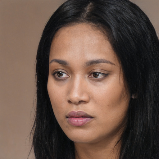 Neutral asian young-adult female with long  black hair and brown eyes