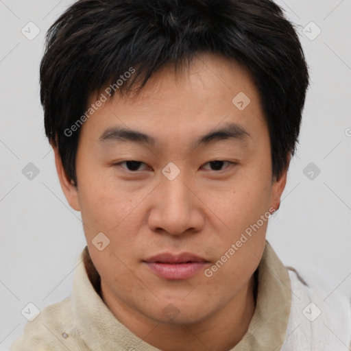 Neutral asian young-adult male with short  brown hair and brown eyes