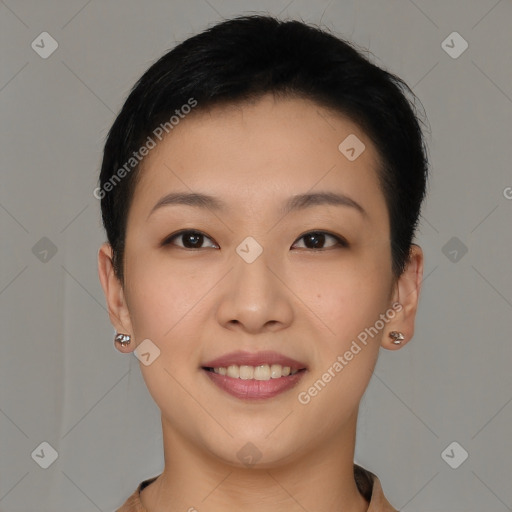 Joyful asian young-adult female with short  brown hair and brown eyes