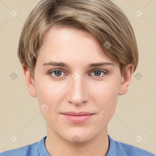 Joyful white young-adult female with short  brown hair and grey eyes