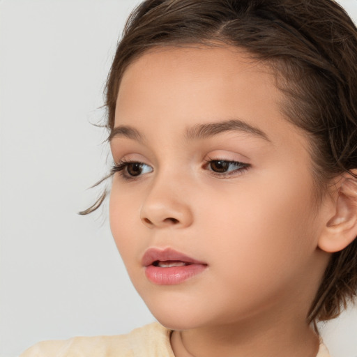 Joyful white child female with medium  brown hair and brown eyes