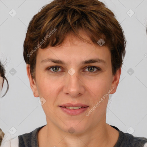 Joyful white young-adult female with medium  brown hair and grey eyes