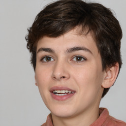 Joyful white young-adult male with medium  brown hair and brown eyes