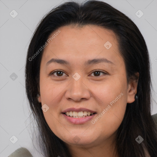 Joyful white young-adult female with long  brown hair and brown eyes