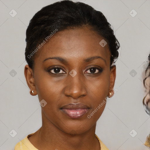 Neutral black young-adult female with short  black hair and brown eyes