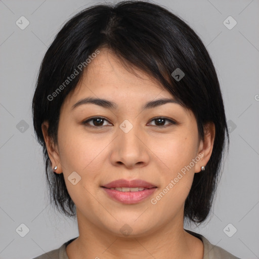 Joyful asian young-adult female with medium  black hair and brown eyes