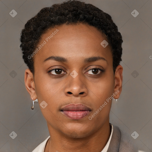 Neutral black young-adult female with short  brown hair and brown eyes