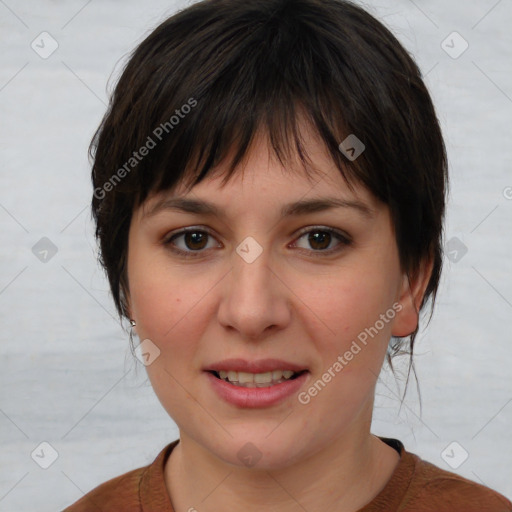 Joyful white young-adult female with medium  brown hair and brown eyes