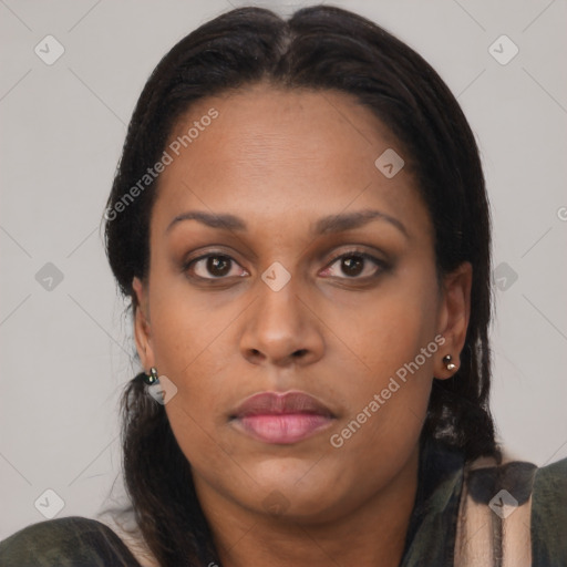 Neutral latino young-adult female with long  brown hair and brown eyes