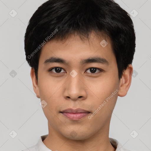 Neutral asian young-adult male with short  black hair and brown eyes